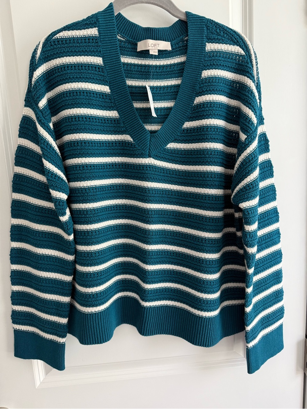 LOFT Teal and White Striped V-Neck Pullover Sweater